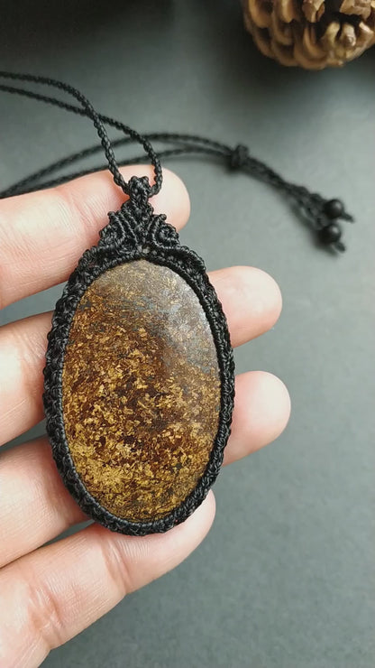Bronzite Macrame Necklace | Pendant size approx 6.4 cm