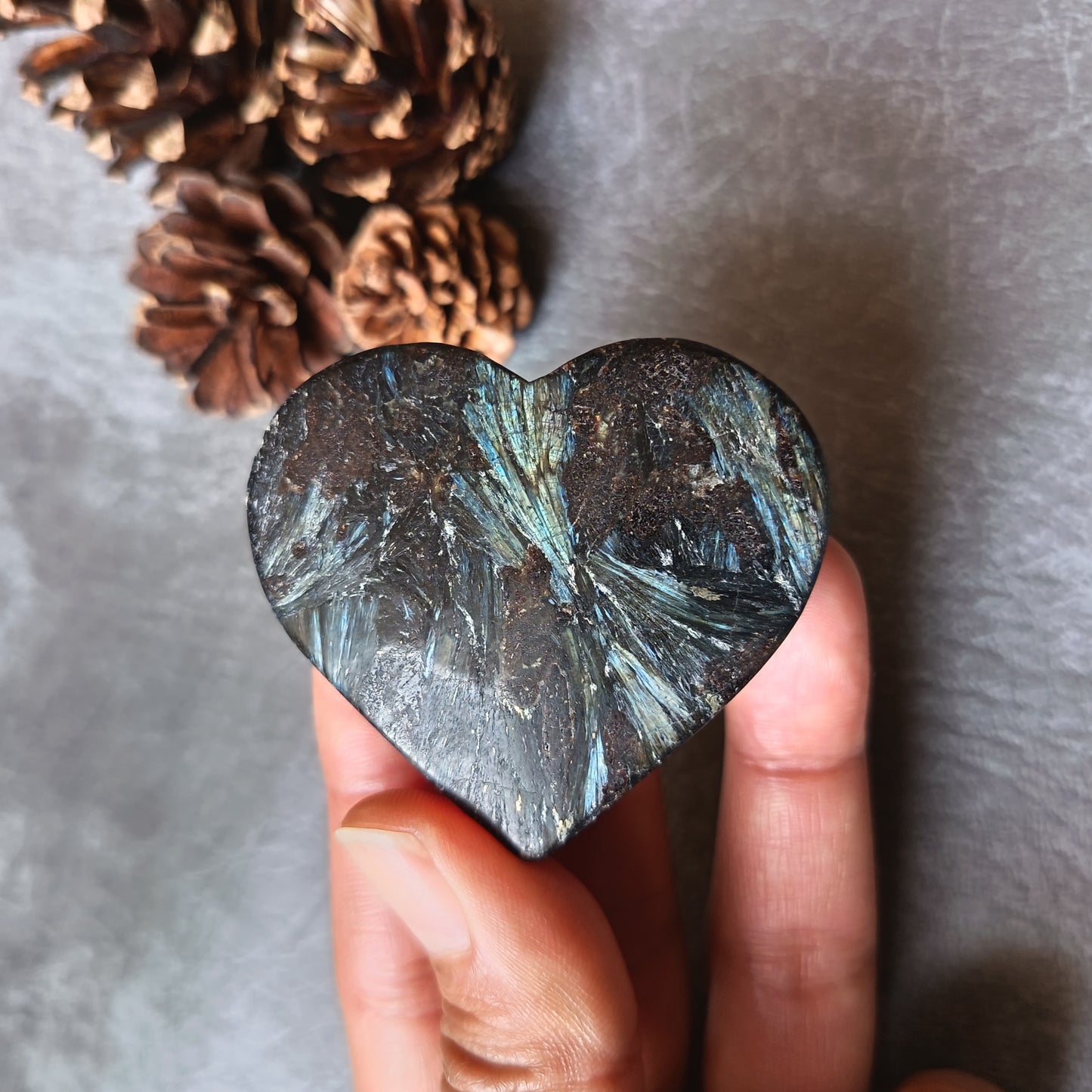 Arfvedsonite (Matte polished), Heart Shape, Palm Stone, 51x56x17mm, 86.8g [PALM-101]