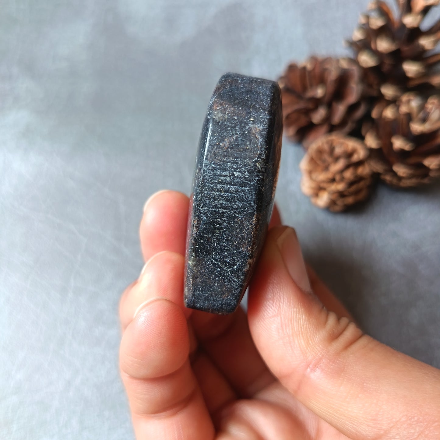 Arfvedsonite (Matte polished), Heart Shape, Palm Stone, 50x55x18mm, 89.2g [PALM-103]