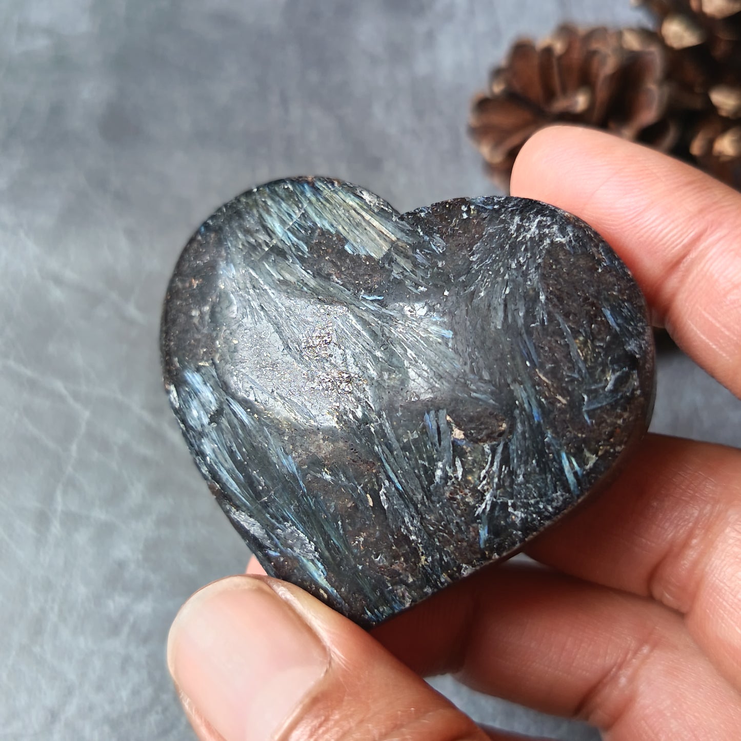 Arfvedsonite (Matte polished), Heart Shape, Palm Stone, 51x56x18mm, 88.6g [PALM-104]