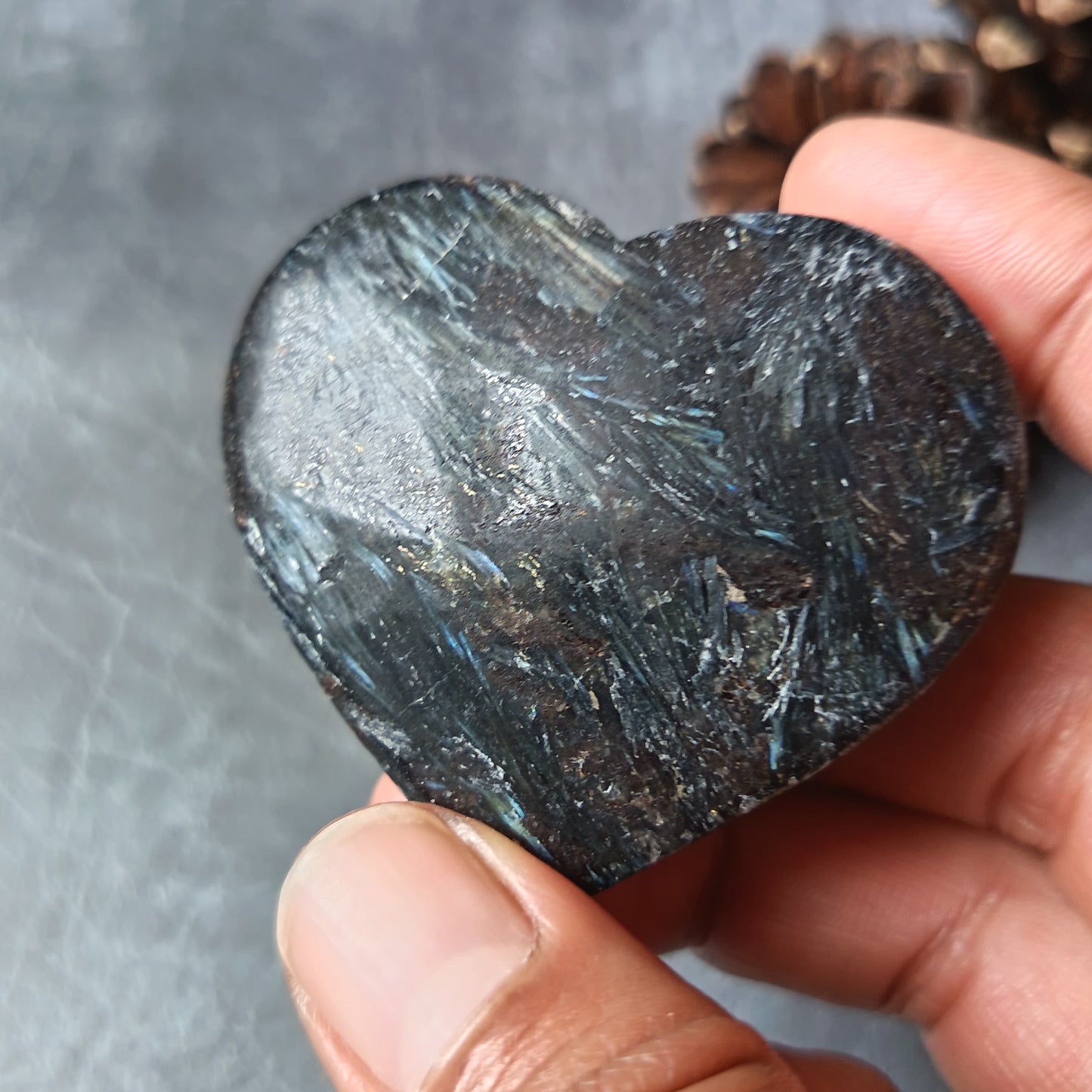 Arfvedsonite (Matte polished), Heart Shape, Palm Stone, 51x56x18mm, 88.6g [PALM-104]