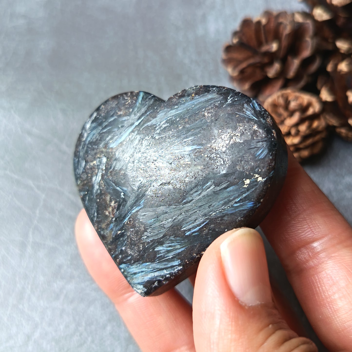 Arfvedsonite (Matte polished), Heart Shape, Palm Stone, 51x55x18mm, 89.2g [PALM-105]