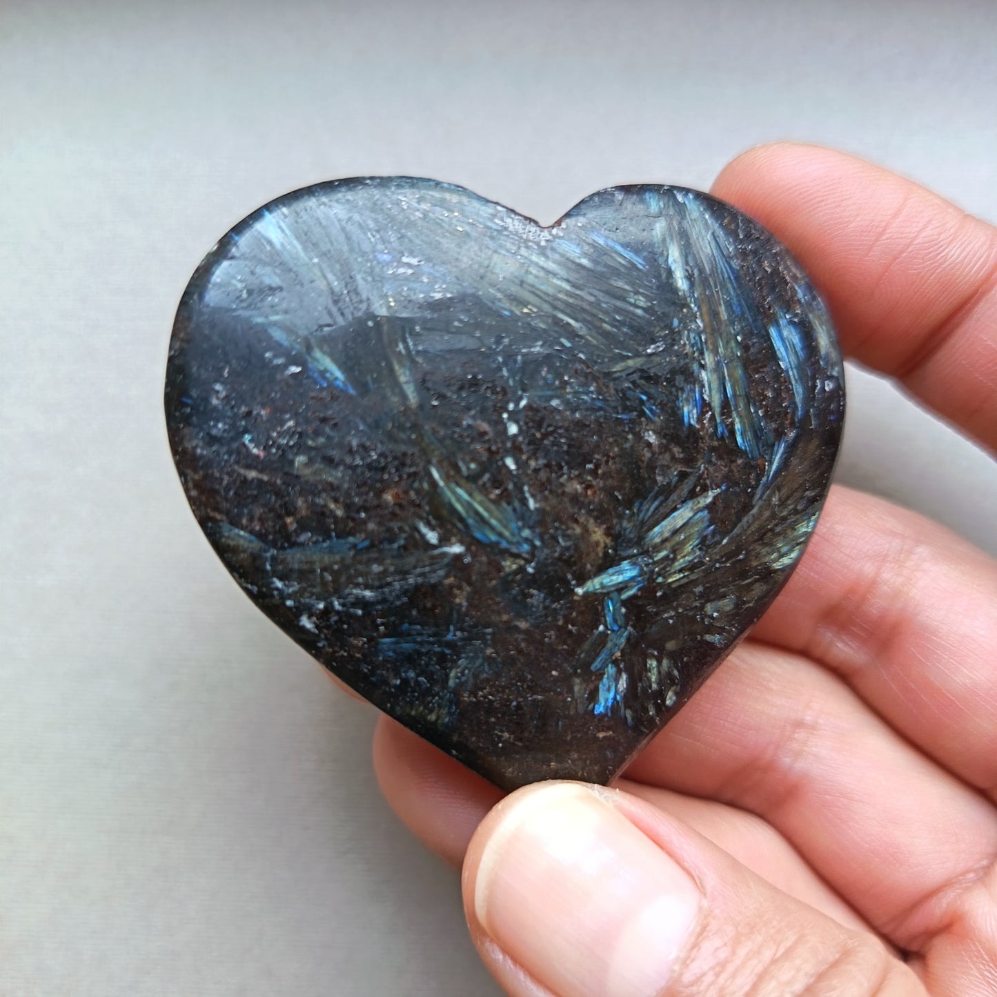 Arfvedsonite (Matte polished), Heart Shape, Palm Stone, 52x58x17mm, 94.8g [PALM-113]