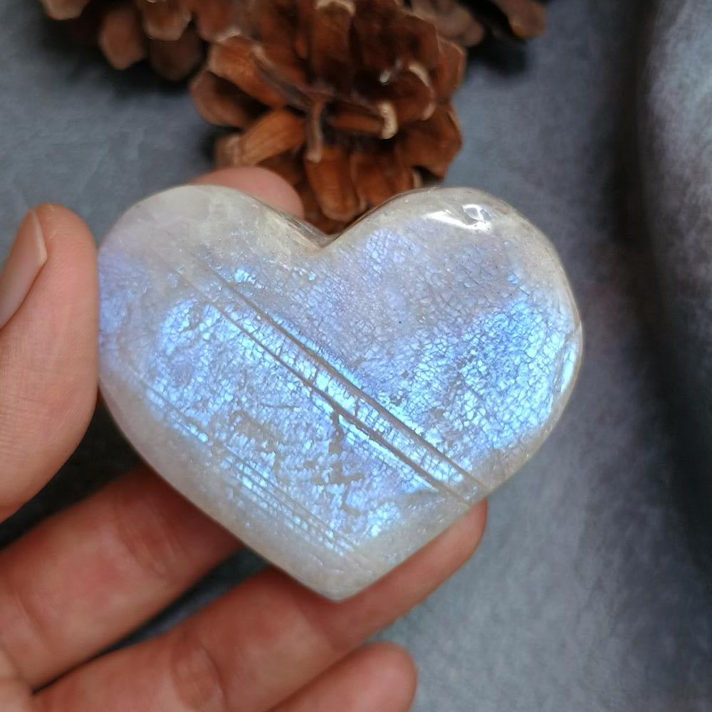 Moonstone, Heart shape, Palm Stone, 49x56x18 mm, 64.3g [PALM-G01] - SOLD