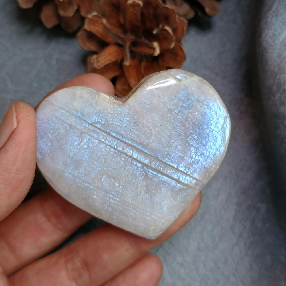 Moonstone, Heart shape, Palm Stone, 49x56x18 mm, 64.3g [PALM-G01] - SOLD