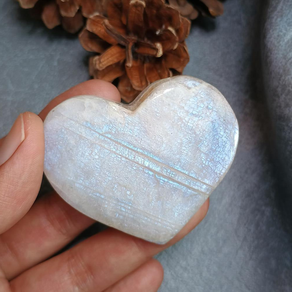 Moonstone, Heart shape, Palm Stone, 49x56x18 mm, 64.3g [PALM-G01]