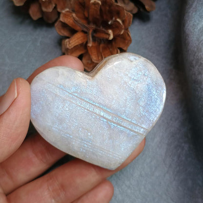 Moonstone, Heart shape, Palm Stone, 49x56x18 mm, 64.3g [PALM-G01]
