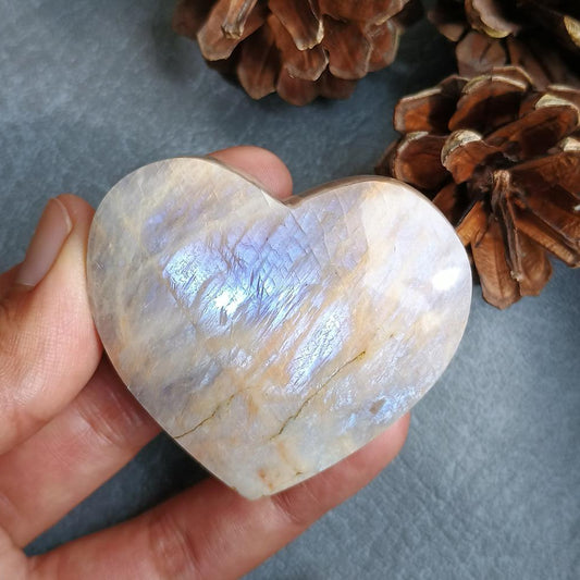 Moonstone, Heart shape, Palm Stone, 51x54x20 mm, 74.8g [PALM-H01]