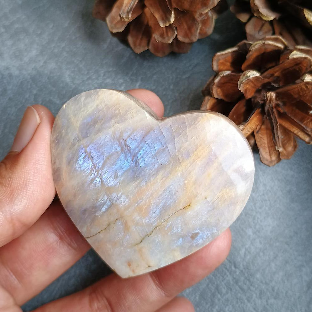Moonstone, Heart shape, Palm Stone, 51x54x20 mm, 74.8g [PALM-H01]