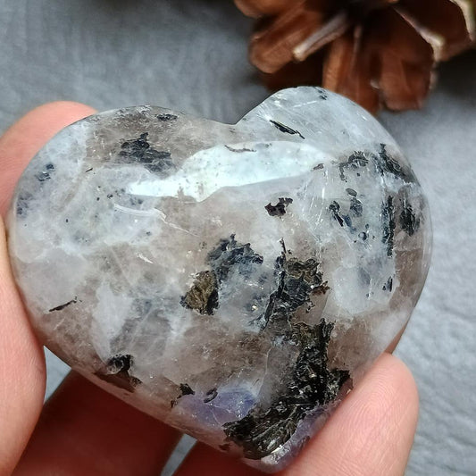 Moonstone with Black Tourmaline, Heart shape, Palm Stone, 42x51x21mm, 62.2g [PALM-F04]