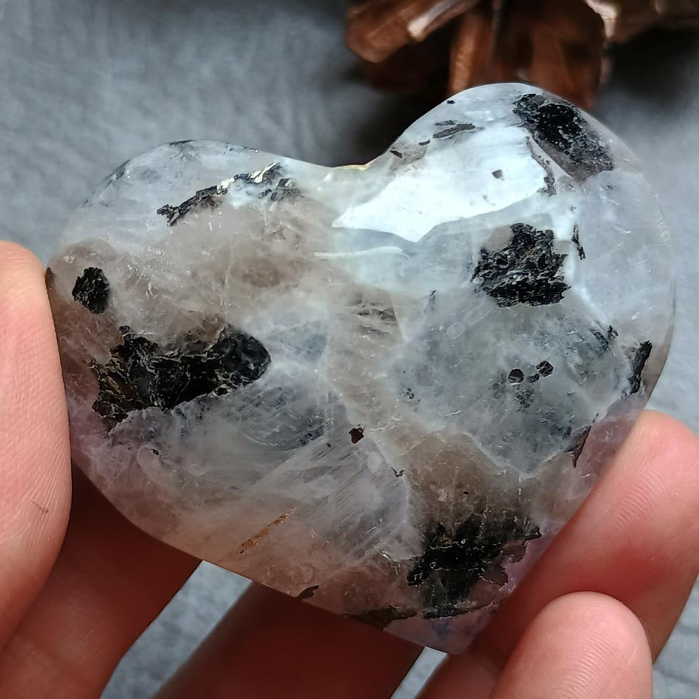 Moonstone with Black Tourmaline, Heart shape, Palm Stone, 42x51x21mm, 62.2g [PALM-F04]