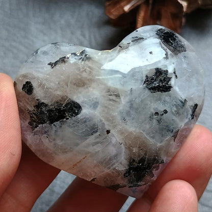 Moonstone with Black Tourmaline, Heart shape, Palm Stone, 42x51x21mm, 62.2g [PALM-F04]
