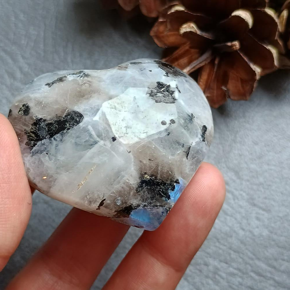 Moonstone with Black Tourmaline, Heart shape, Palm Stone, 42x51x21mm, 62.2g [PALM-F04]