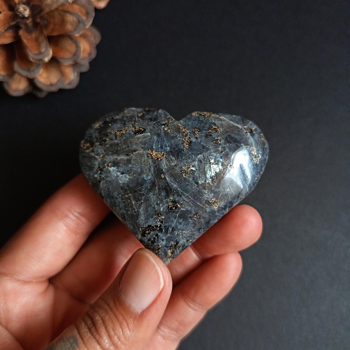 Larvikite, Heart Shape, Palm Stone, 50x58x22 mm, 78.5g [PALM-P02]