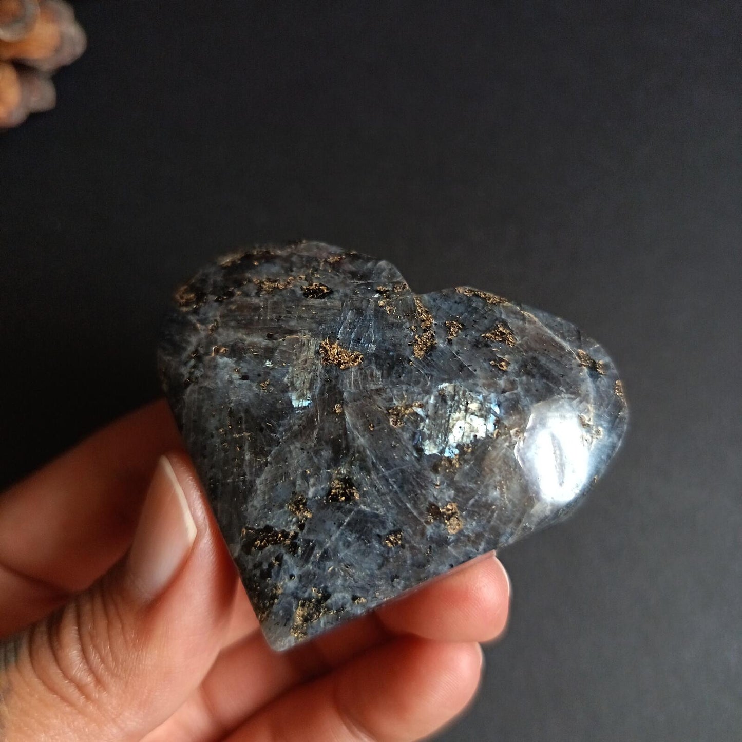 Larvikite, Heart Shape, Palm Stone, 50x58x22 mm, 78.5g [PALM-P02]