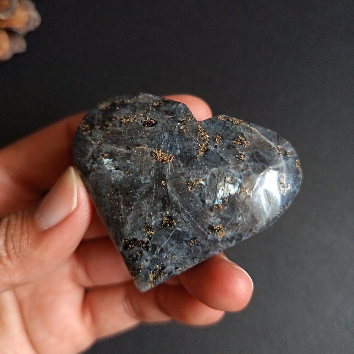 Larvikite, Heart Shape, Palm Stone, 50x58x22 mm, 78.5g [PALM-P02]
