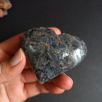 Larvikite, Heart Shape, Palm Stone, 50x58x22 mm, 78.5g [PALM-P02]