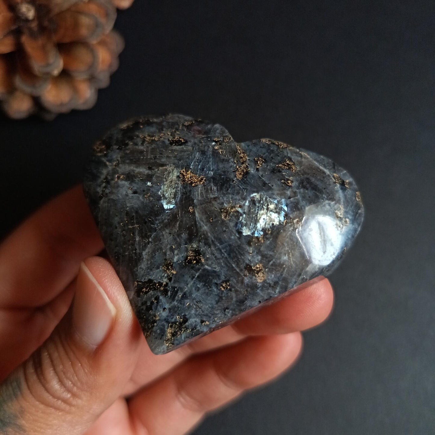Larvikite, Heart Shape, Palm Stone, 50x58x22 mm, 78.5g [PALM-P02]