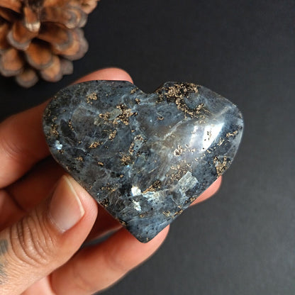 Larvikite, Heart Shape, Palm Stone, 50x58x22 mm, 78.5g [PALM-P02]