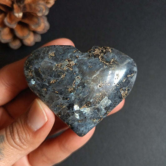 Larvikite, Heart Shape, Palm Stone, 50x58x22 mm, 78.5g [PALM-P02]
