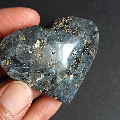 Larvikite, Heart Shape, Palm Stone, 50x58x22 mm, 78.5g [PALM-P02]