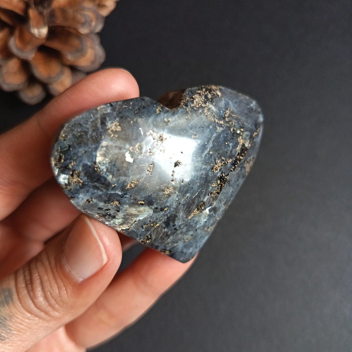Larvikite, Heart Shape, Palm Stone, 50x58x22 mm, 78.5g [PALM-P02]