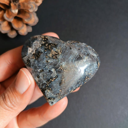 Larvikite, Heart Shape, Palm Stone, 50x59x22 mm, 81.6g [PALM-P03]