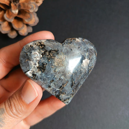 Larvikite, Heart Shape, Palm Stone, 50x59x22 mm, 81.6g [PALM-P03]