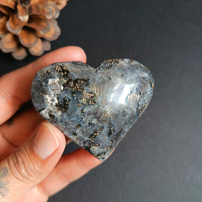Larvikite, Heart Shape, Palm Stone, 50x59x22 mm, 81.6g [PALM-P03]