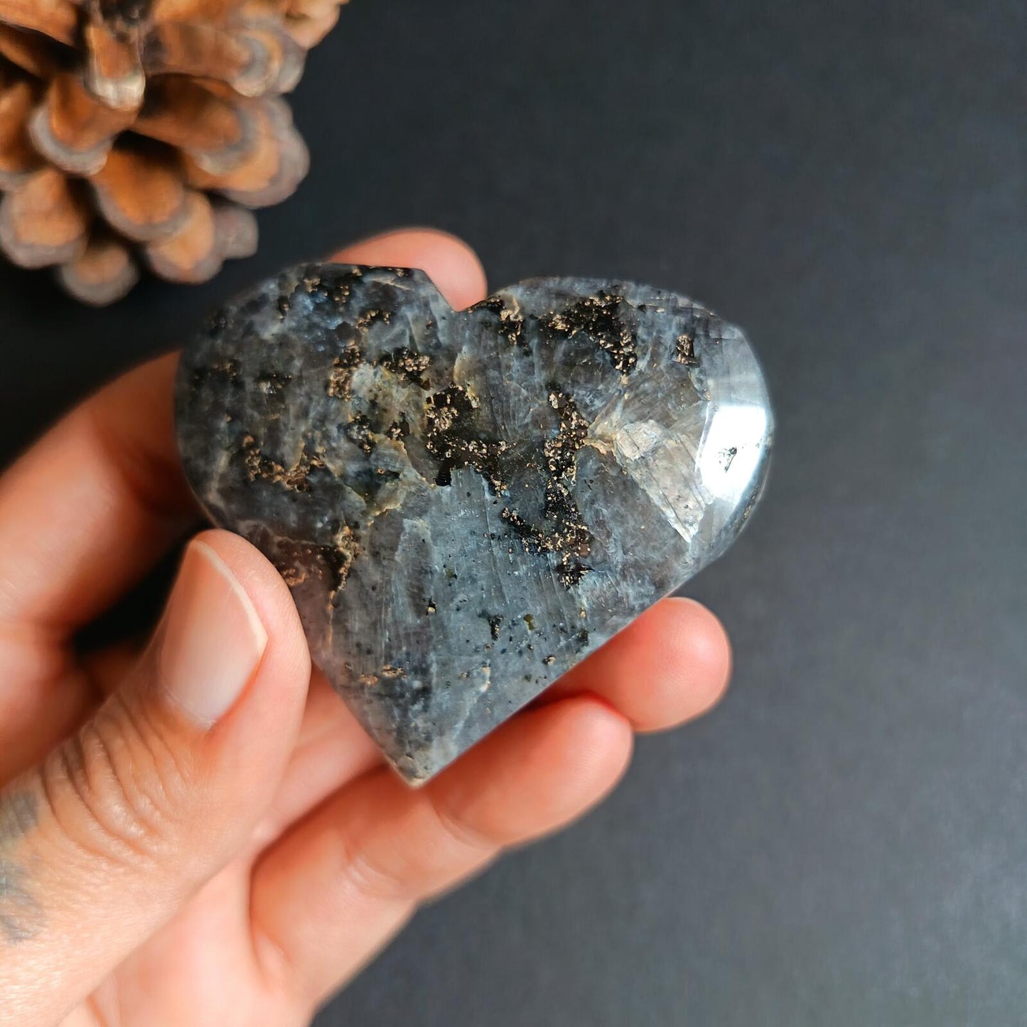 Larvikite, Heart Shape, Palm Stone, 50x59x22 mm, 81.6g [PALM-P03]
