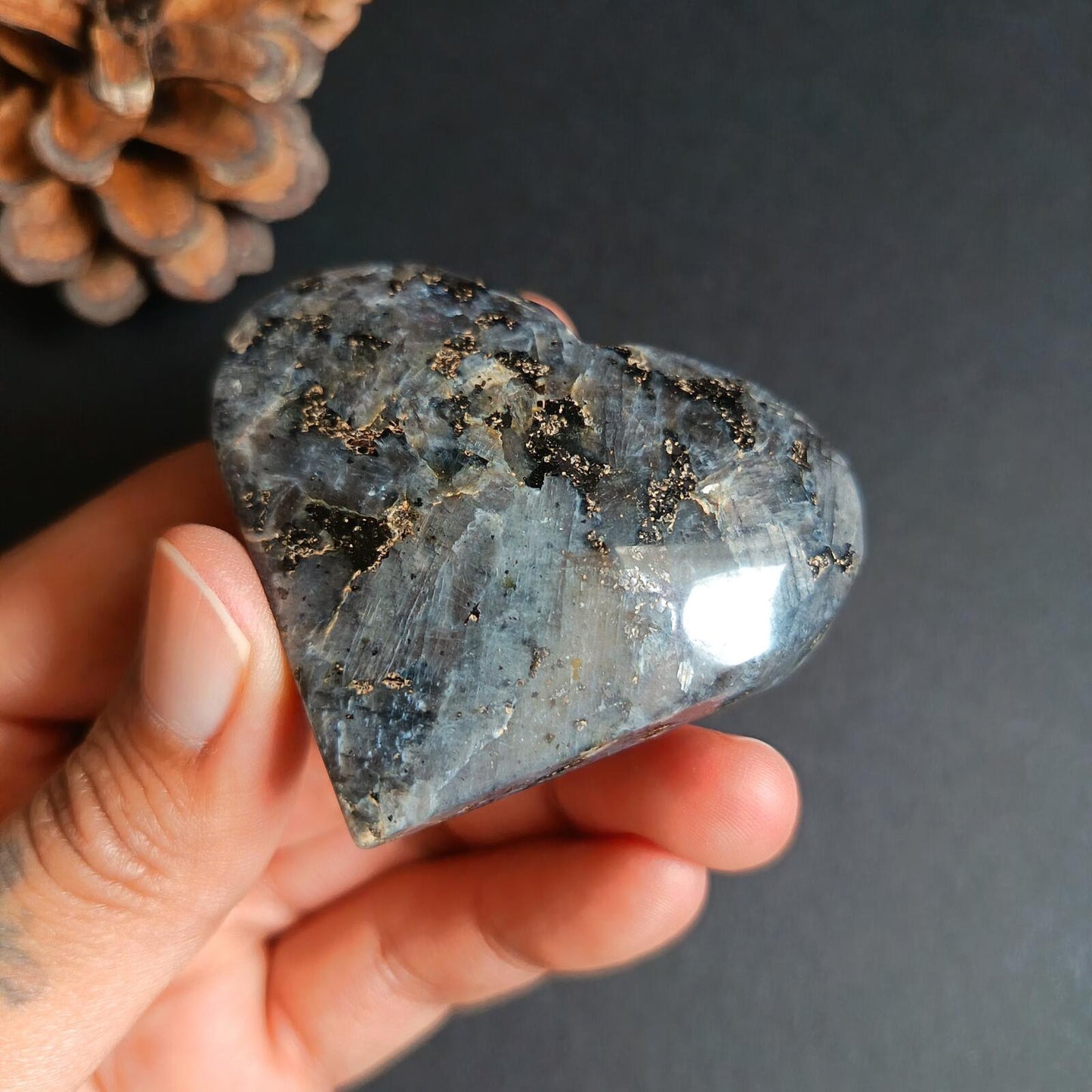 Larvikite, Heart Shape, Palm Stone, 50x59x22 mm, 81.6g [PALM-P03]
