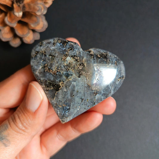 Larvikite, Heart Shape, Palm Stone, 50x59x22 mm, 81.6g [PALM-P03]