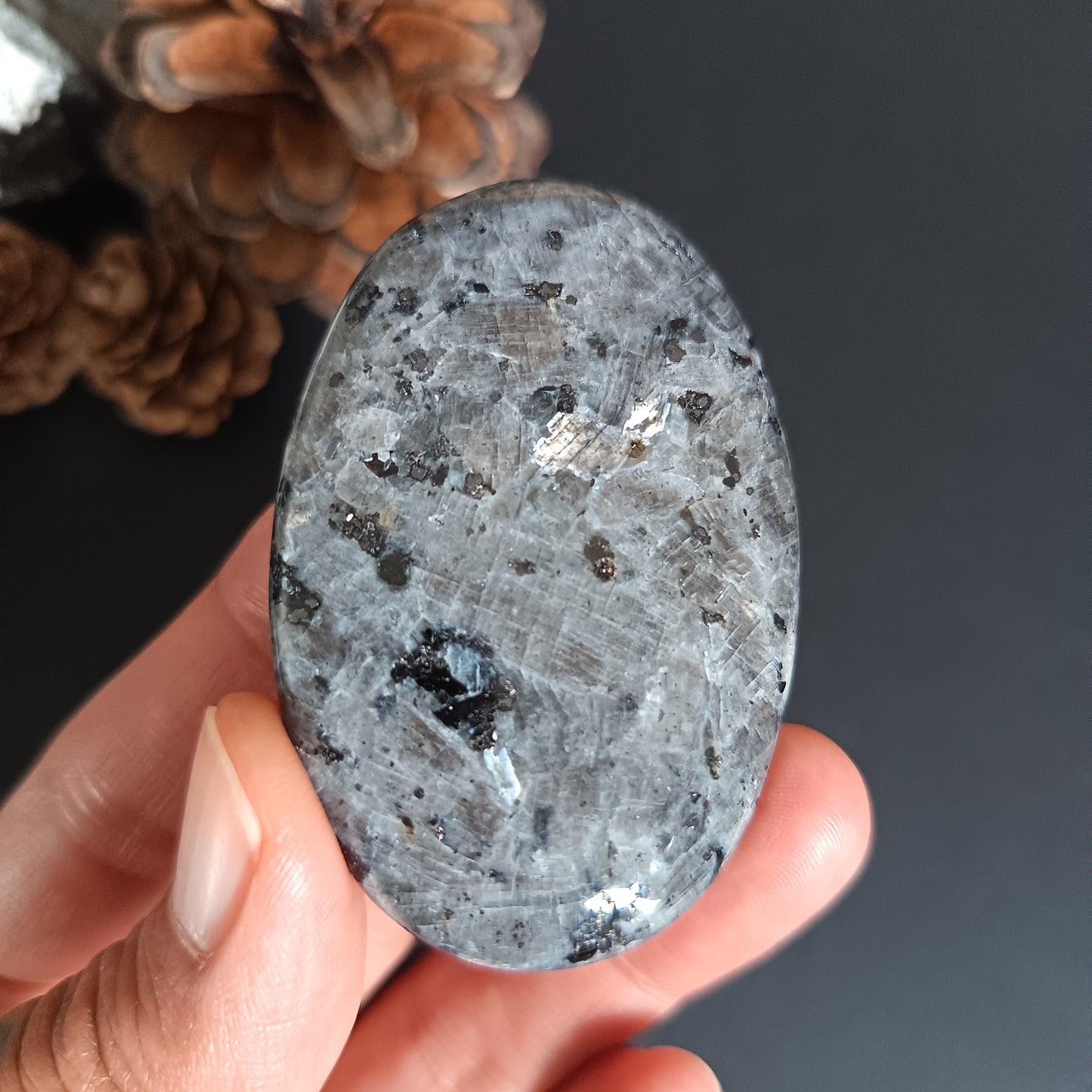 Larvikite, Palm Stone, Oval shape, 60x40x12 mm, 48.8g [PALM-S01]