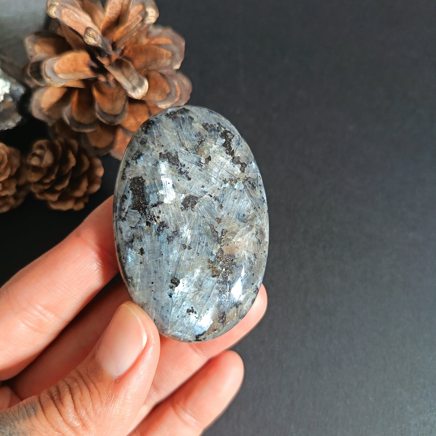 Larvikite, Palm Stone, Oval shape, 60x40x12.5 mm, 51.6g [PALM-S02]