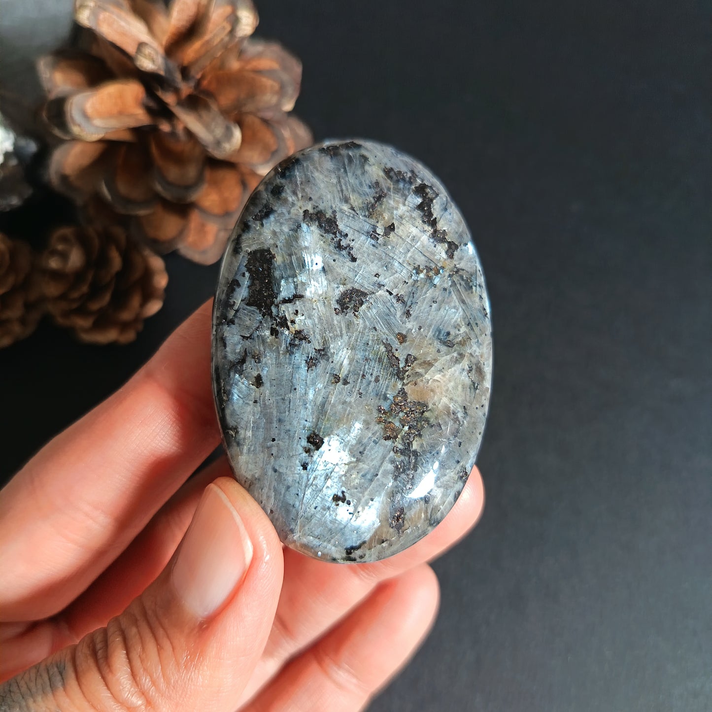 Larvikite, Palm Stone, Oval shape, 60x40x12.5 mm, 51.6g [PALM-S02]