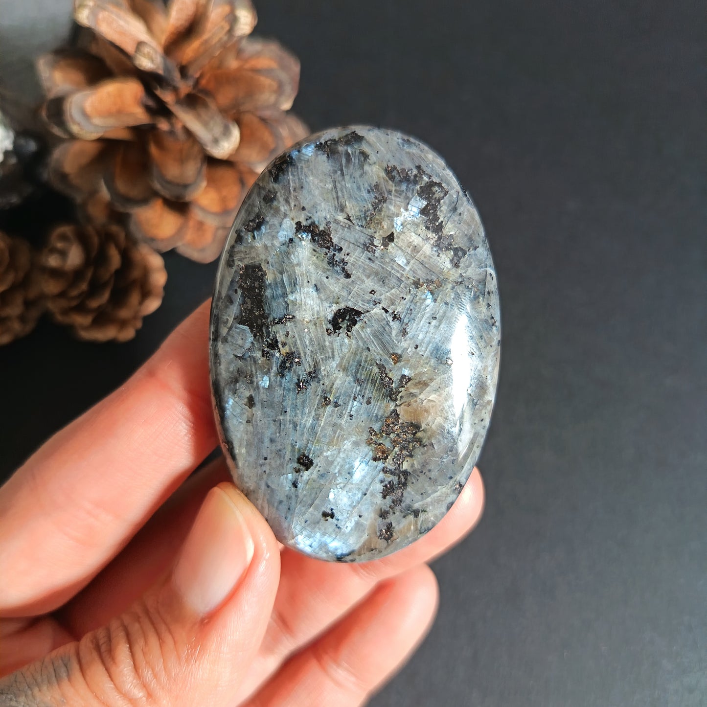 Larvikite, Palm Stone, Oval shape, 60x40x12.5 mm, 51.6g [PALM-S02]