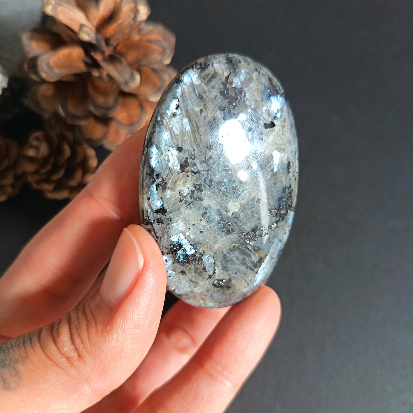 Larvikite, Palm Stone, Oval shape, 60x40x12.5 mm, 51.6g [PALM-S02]