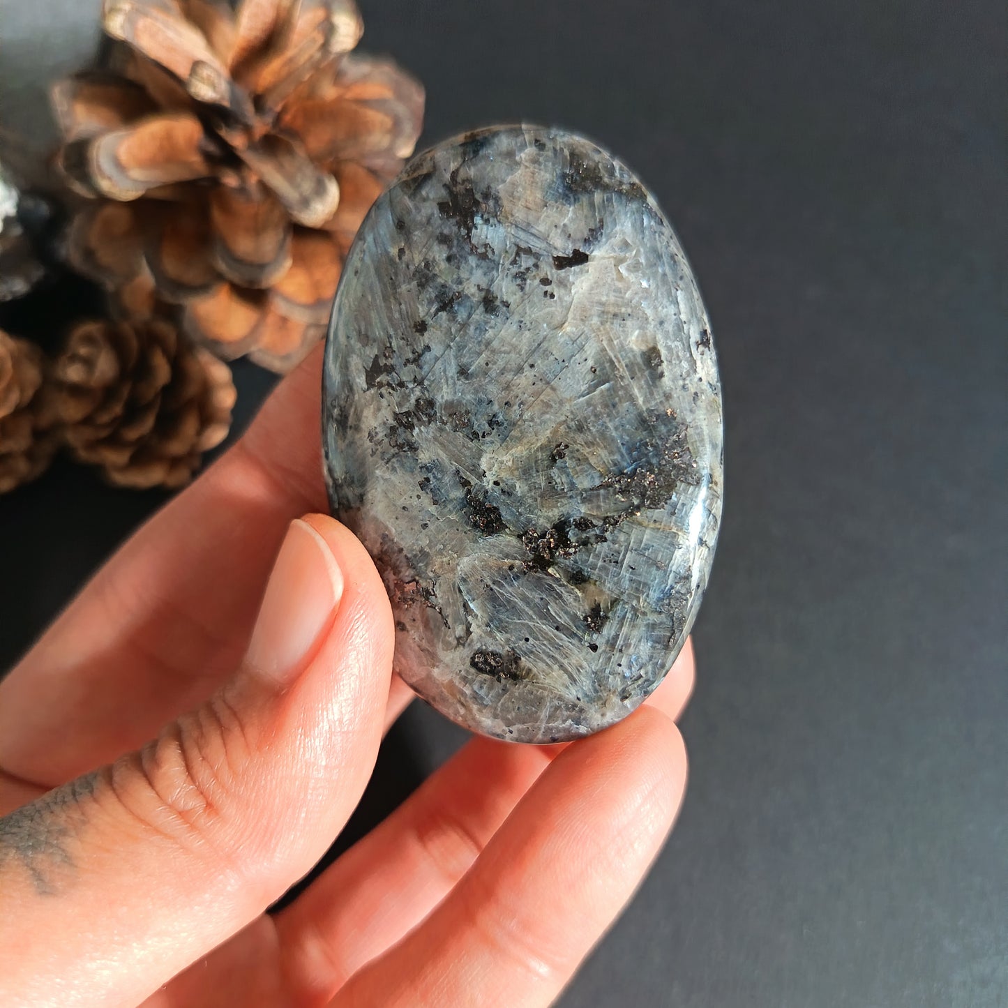 Larvikite, Palm Stone, Oval shape, 60x40x12.5 mm, 51.6g [PALM-S02]
