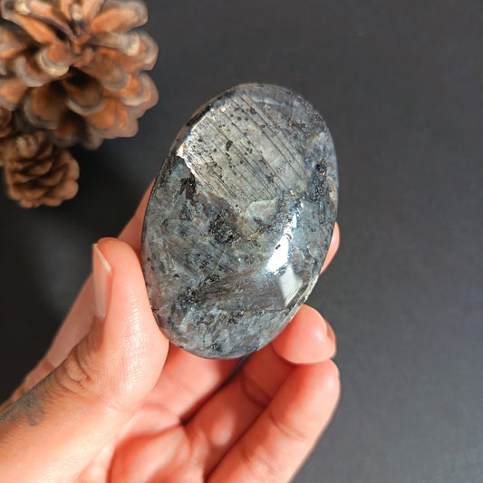 Larvikite, Palm Stone, Oval shape, 60x40x16 mm, 57.6g [PALM-S07]