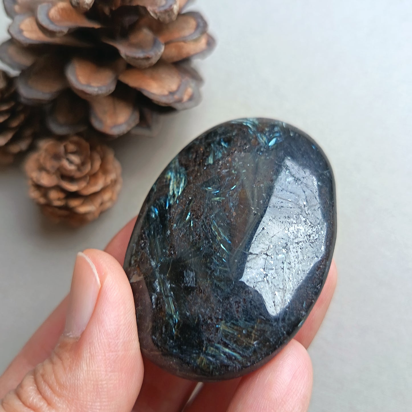 Arfvedsonite, Palm Stone, Oval shape, 60x40x15mm, 71.8g [PALM-Y05]