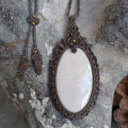 White Scolecite Macrame Necklace | Pendant size approx 7 cm