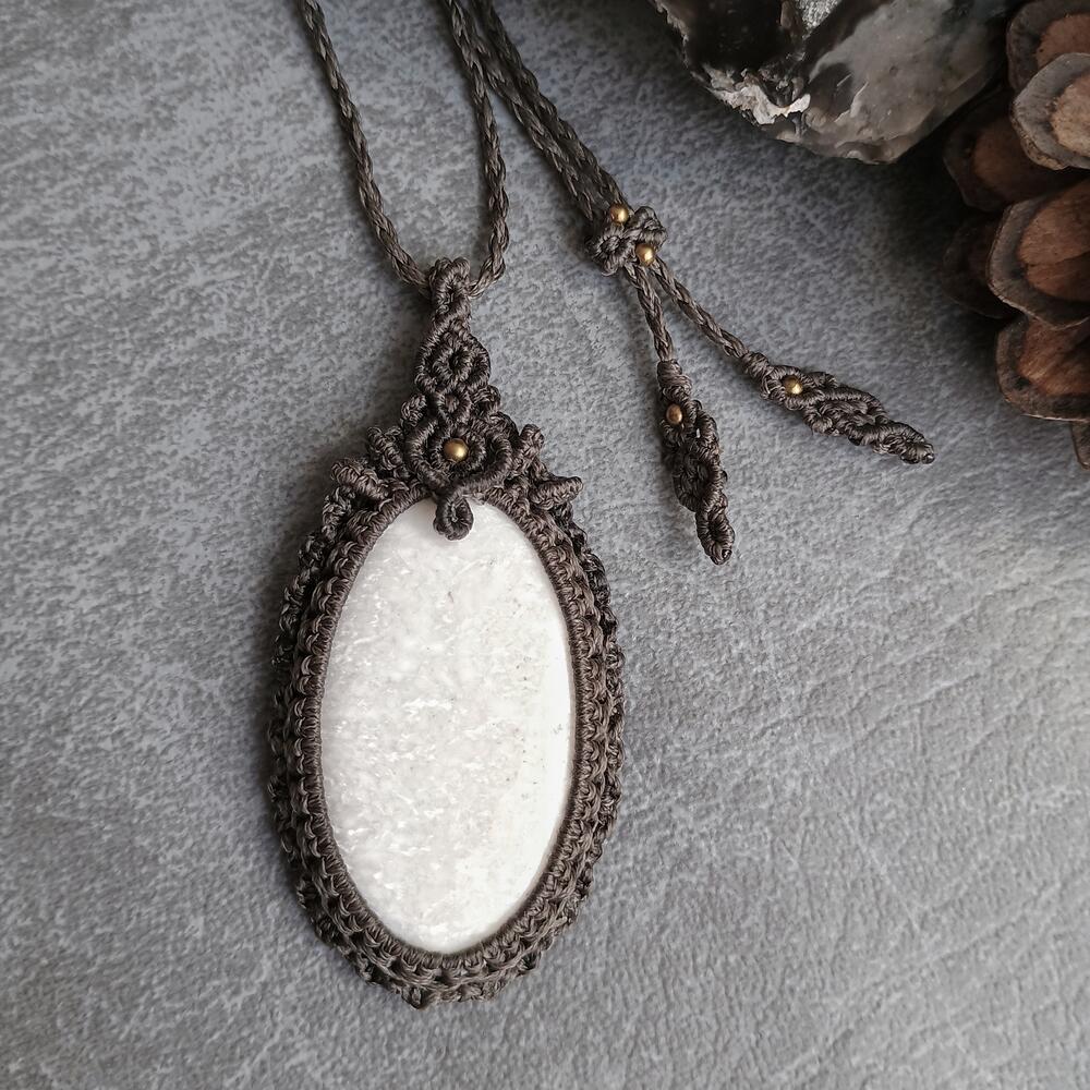 White Scolecite Macrame Necklace | Pendant size approx 7 cm