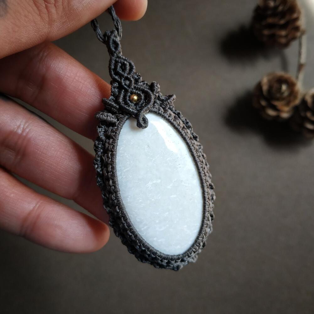 White Scolecite Macrame Necklace | Pendant size approx 7 cm