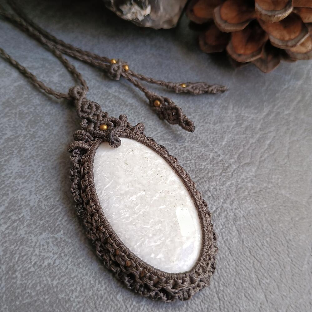 White Scolecite Macrame Necklace | Pendant size approx 7 cm