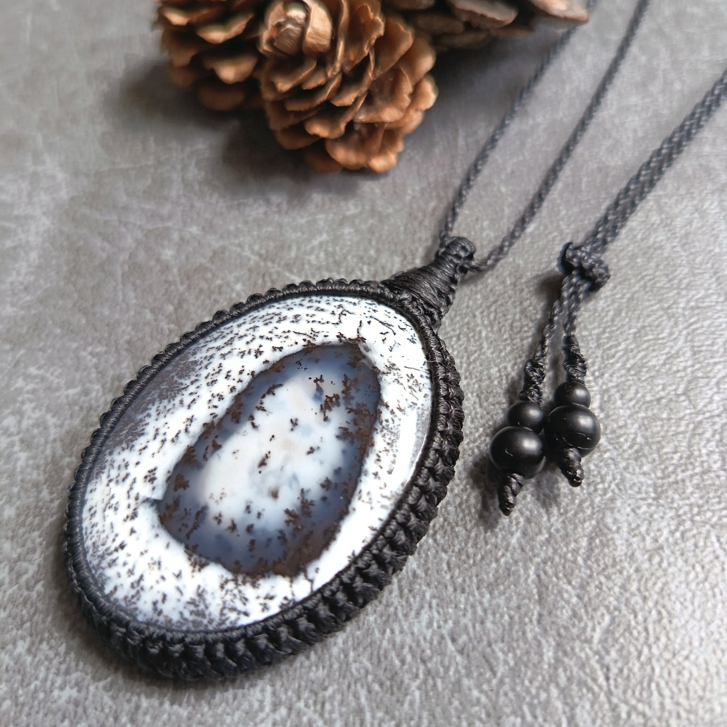 Dendritic Opal Macrame Necklace | Pendant size approx 6.3 cm