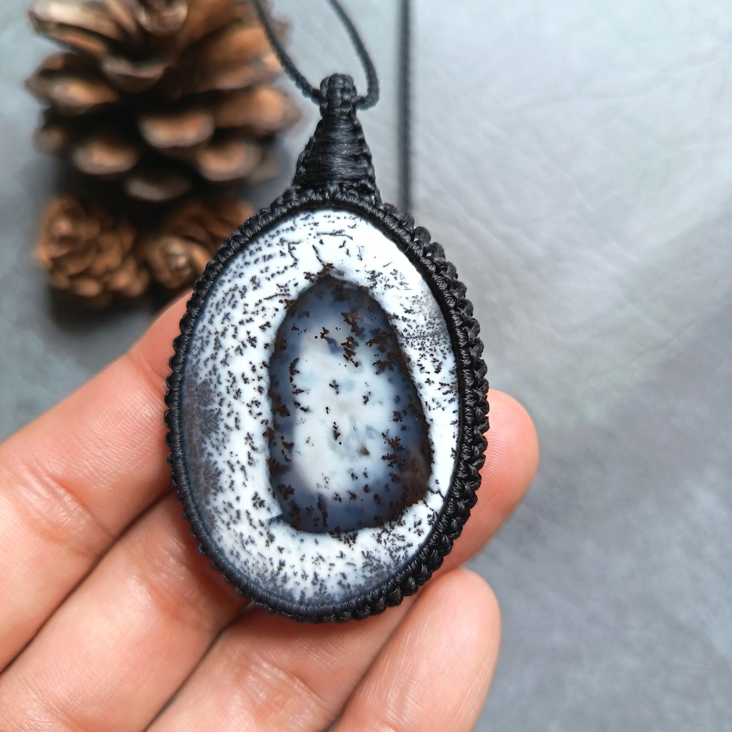 Dendritic Opal Macrame Necklace | Pendant size approx 6.3 cm