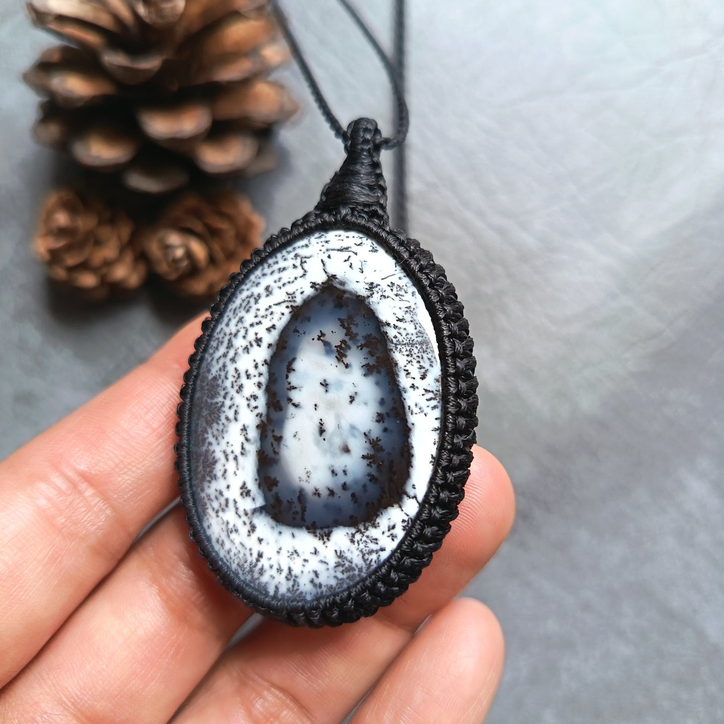 Dendritic Opal Macrame Necklace | Pendant size approx 6.3 cm