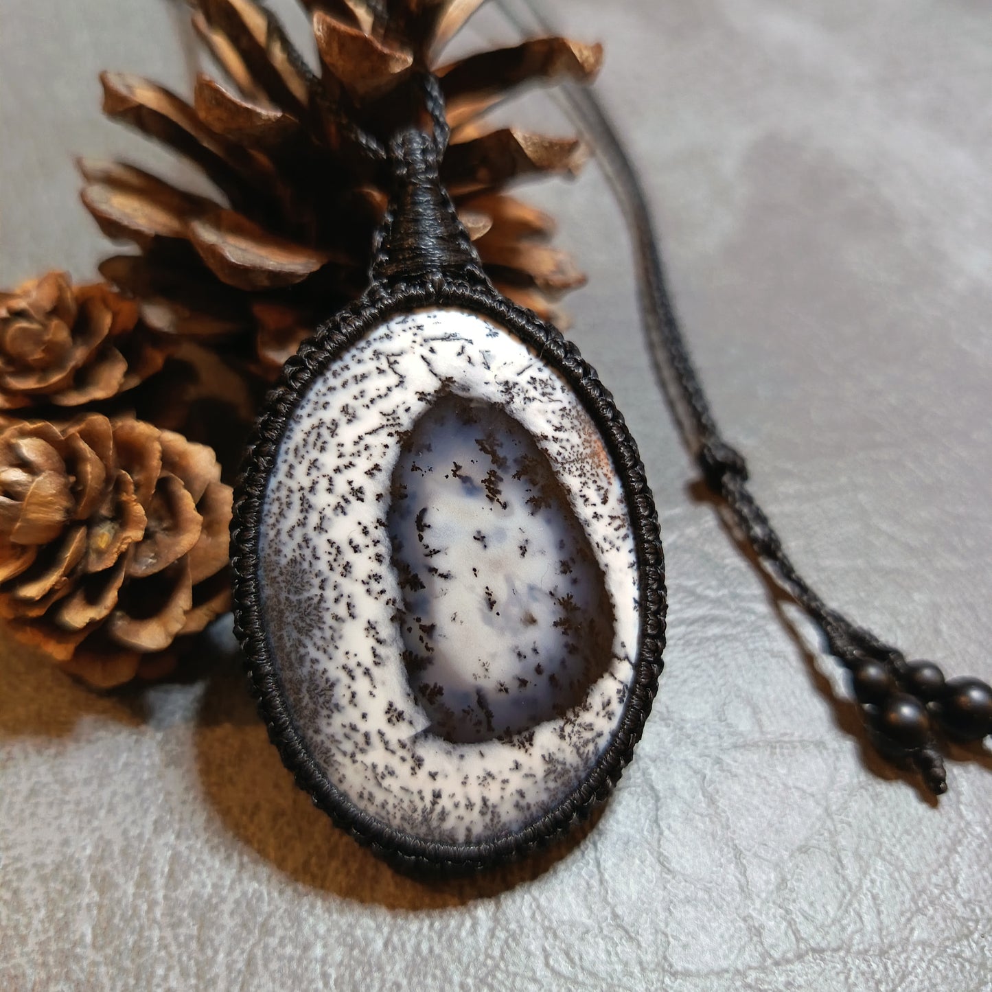 Dendritic Opal Macrame Necklace | Pendant size approx 6.3 cm
