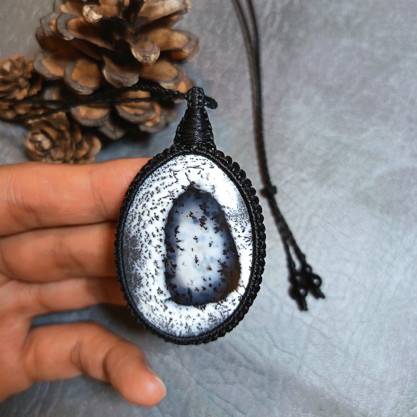 Dendritic Opal Macrame Necklace | Pendant size approx 6.3 cm