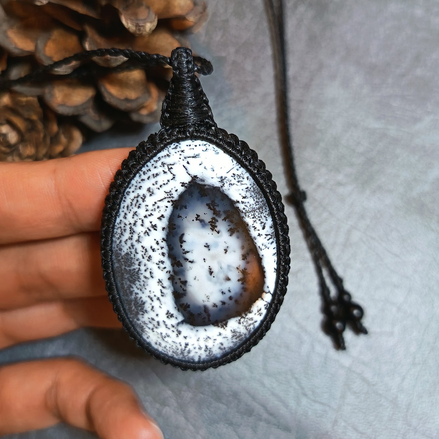 Dendritic Opal Macrame Necklace | Pendant size approx 6.3 cm